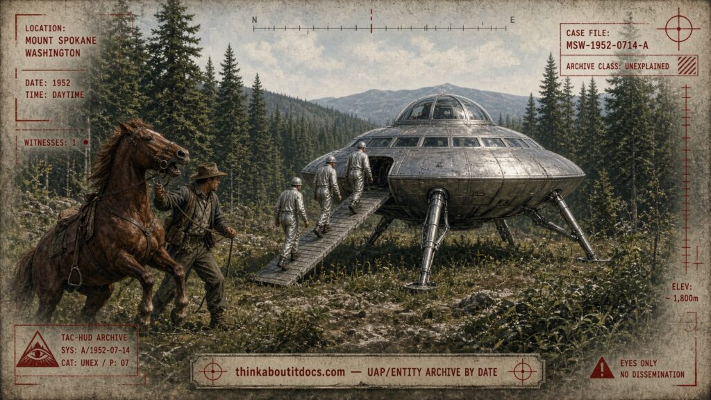 Archival-style illustration of the 1952 Mount Spokane, Washington UFO case, showing a domed disc on three legs with three silver-suited men descending a ramp near a frightened horse