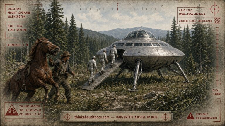 Archival-style illustration of the 1952 Mount Spokane, Washington UFO case, showing a domed disc on three legs with three silver-suited men descending a ramp near a frightened horse