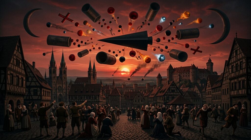 Dramatic recreation of the April 14 1561 Nuremberg Germany dawn aerial battle showing hundreds of spheres cylinders blood-red crosses and a massive black spear in combat over the city's medieval skyline with terrified citizens watching from the streets below — as documented in Hans Glaser's famous broadsheet