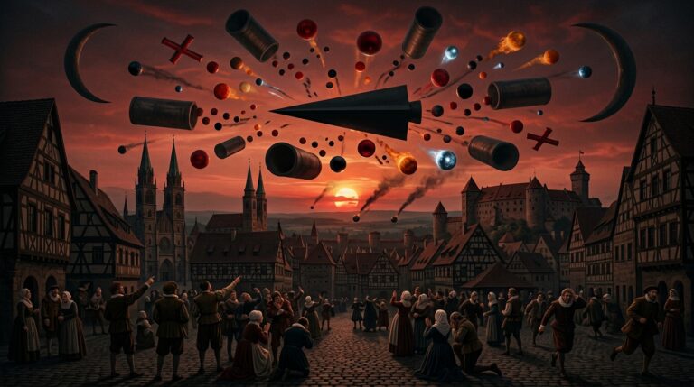 Dramatic recreation of the April 14 1561 Nuremberg Germany dawn aerial battle showing hundreds of spheres cylinders blood-red crosses and a massive black spear in combat over the city's medieval skyline with terrified citizens watching from the streets below — as documented in Hans Glaser's famous broadsheet