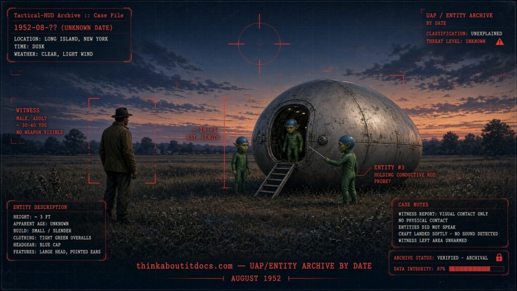 Archival-style illustration of the 1952 Oceanside, Long Island UFO case, showing a landed egg-shaped craft and three small pointed-eared entities in green overalls
