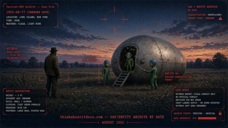 Archival-style illustration of the 1952 Oceanside, Long Island UFO case, showing a landed egg-shaped craft and three small pointed-eared entities in green overalls