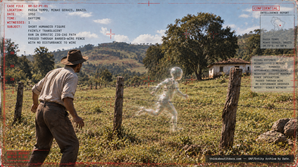 Archival-style illustration of the 1952 Passa Tempo, Brazil UFO case, showing a transparent humanoid figure passing through a barbed-wire fence in a rural field