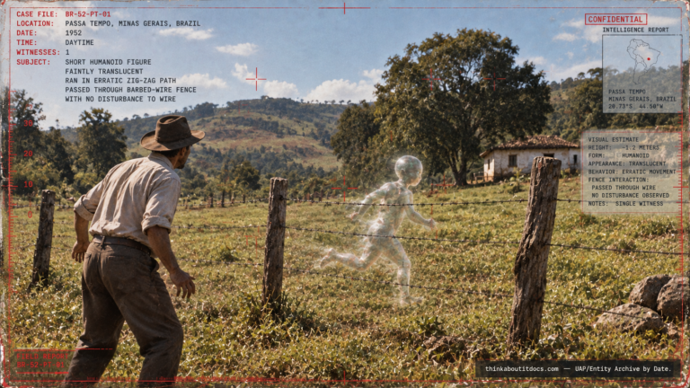 Archival-style illustration of the 1952 Passa Tempo, Brazil UFO case, showing a transparent humanoid figure passing through a barbed-wire fence in a rural field
