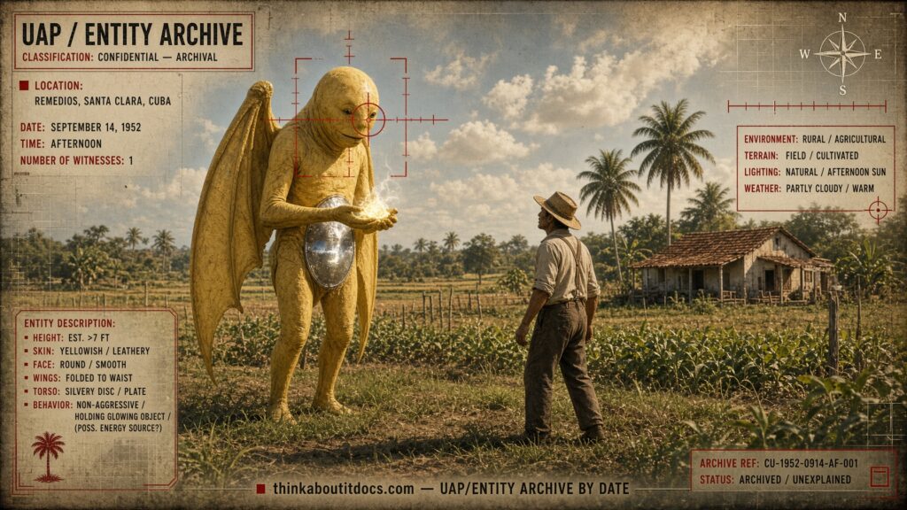 Archival-style illustration of the 1952 Remedios, Cuba case, showing a seven-foot winged humanoid with a silvery stomach plate facing farm worker Caridad Martinez