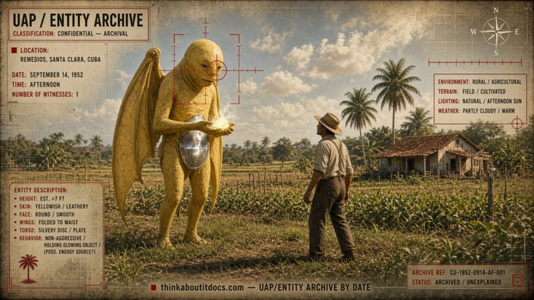 Archival-style illustration of the 1952 Remedios, Cuba case, showing a seven-foot winged humanoid with a silvery stomach plate facing farm worker Caridad Martinez