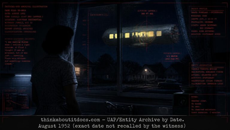 Archival-style illustration of the 1952 Seat Pleasant, Maryland UFO case, showing a hovering fuselage-shaped craft with a visible helmeted occupant through glowing yellow windows