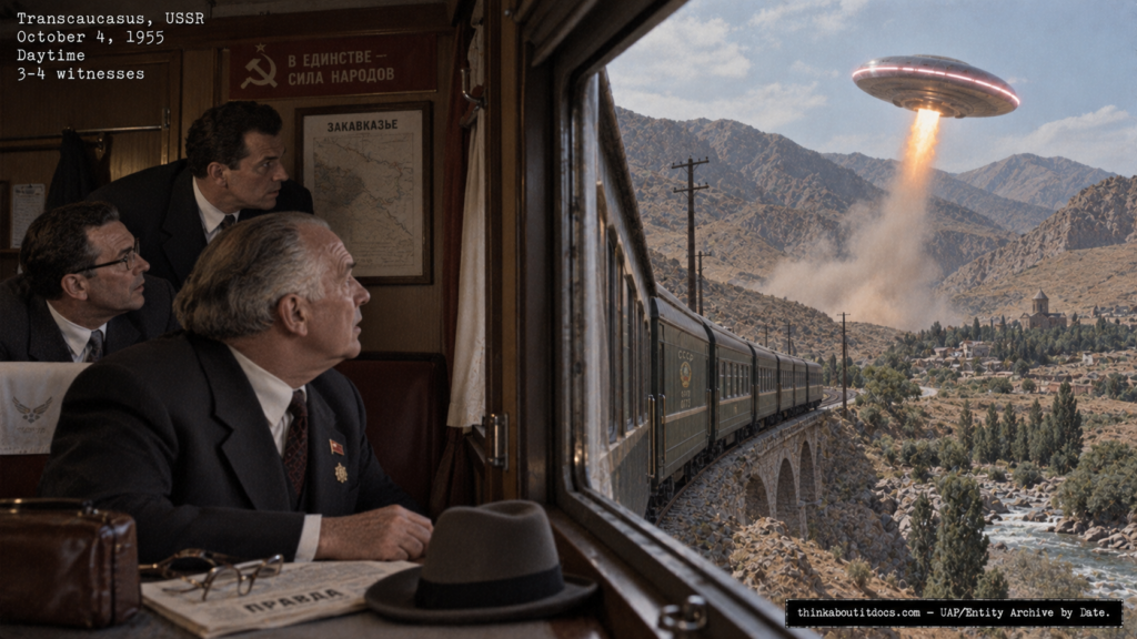 Illustration of Senator Richard Russell's 1955 UFO sighting from a train in the Soviet Transcaucasus, classified TOP SECRET until 1985