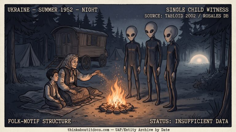 Dossier-style night scene of a 1952 Ukrainian Roma campfire showing a boy and an elderly woman casting dust into sparking flames as three tall featureless-headed figures stand across the fire before a glowing dome of light, marked single child witness, folk-motif, Insufficient Data