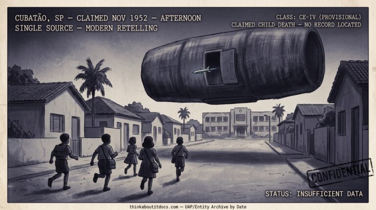 Restrained dossier-style afternoon scene on a 1952 Cubatão street showing a bus-sized craft with an open door and children running toward a school, marked as a single-source modern retelling with an undocumented claimed child death