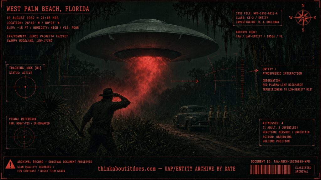 Archival-style illustration of the 1952 West Palm Beach, Florida Desvergers scoutmaster UFO case, showing a gray disc and red mist over a Florida palmetto thicket