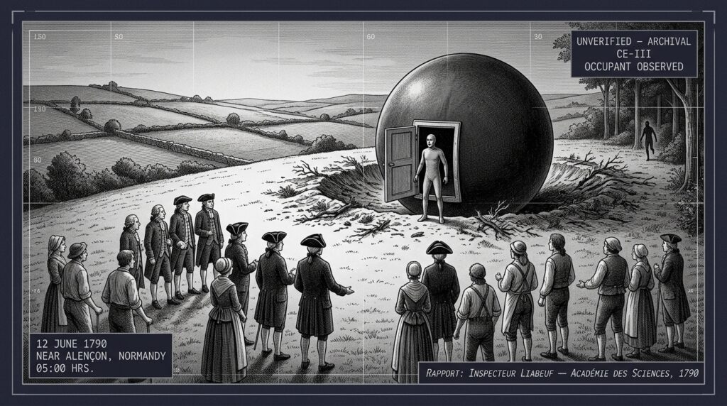 Single-panel intelligence archive illustration showing a large sphere resting in a hillside crater near Alençon Normandy France on June 12 1790 with a door open in its surface and a figure in a skintight garment caught in the moment of seeing the assembled crowd of two mayors a physician and five civic officials before fleeing into the forest, rendered in late 18th-century French engraving style with tactical HUD overlay