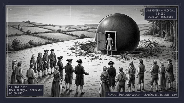 Single-panel intelligence archive illustration showing a large sphere resting in a hillside crater near Alençon Normandy France on June 12 1790 with a door open in its surface and a figure in a skintight garment caught in the moment of seeing the assembled crowd of two mayors a physician and five civic officials before fleeing into the forest, rendered in late 18th-century French engraving style with tactical HUD overlay