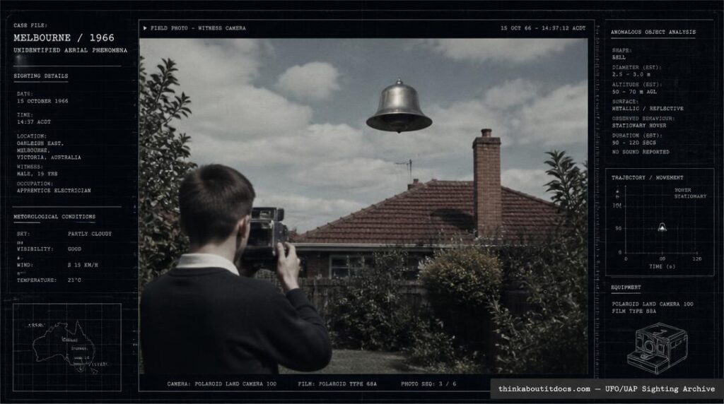 Illustration of the 1966 Balwyn, Australia UFO photograph showing a silver bell-shaped object above a suburban Melbourne garden