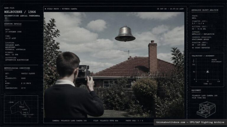 Illustration of the 1966 Balwyn, Australia UFO photograph showing a silver bell-shaped object above a suburban Melbourne garden