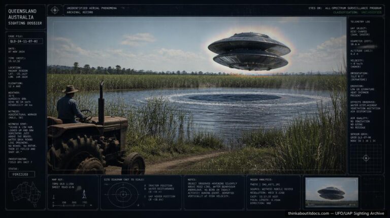 Illustration of the 1966 Tully, Australia saucer nest case showing a disc-shaped object rising from a reed-covered swamp lagoon