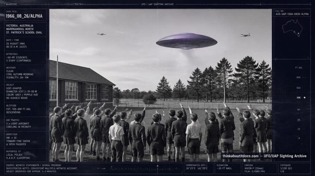 Illustration of the 1966 Westall UFO incident showing a grey saucer-shaped object descending toward a paddock near a Melbourne school as students watch