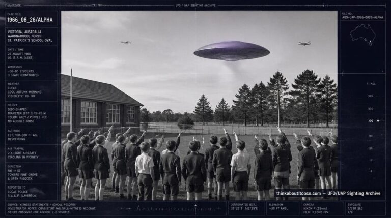 Illustration of the 1966 Westall UFO incident showing a grey saucer-shaped object descending toward a paddock near a Melbourne school as students watch