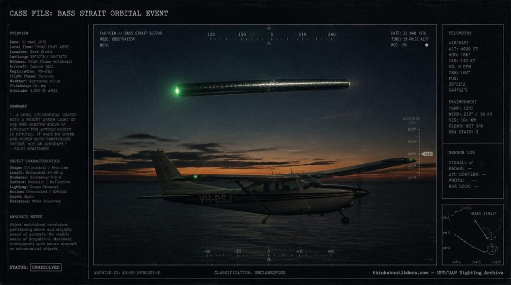 Illustration of the 1978 Frederick Valentich disappearance showing a Cessna aircraft over Bass Strait with a long, green-lit metallic object hovering above it at dusk