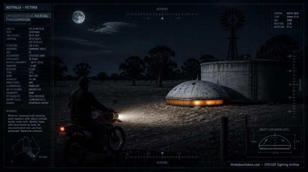 Illustration of the 1980 Rosedale, Victoria UFO encounter showing a domed disc-shaped object beside a water tank with a farmhand watching from a motorbike