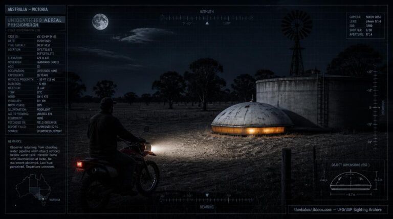 Illustration of the 1980 Rosedale, Victoria UFO encounter showing a domed disc-shaped object beside a water tank with a farmhand watching from a motorbike
