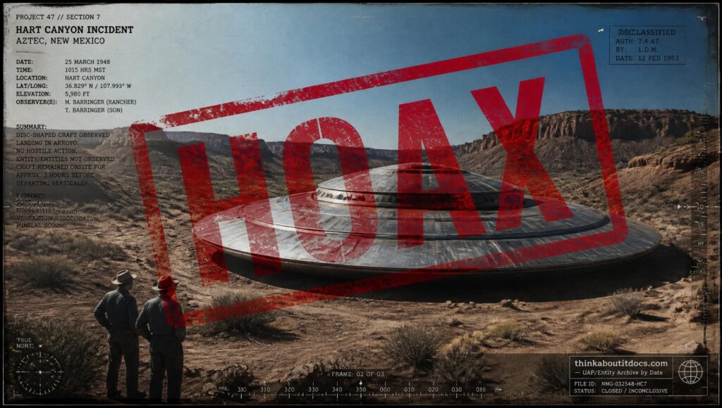 A saucer-shaped craft rests in Hart Canyon near Aztec, New Mexico, overlaid with a large red HOAX stamp
