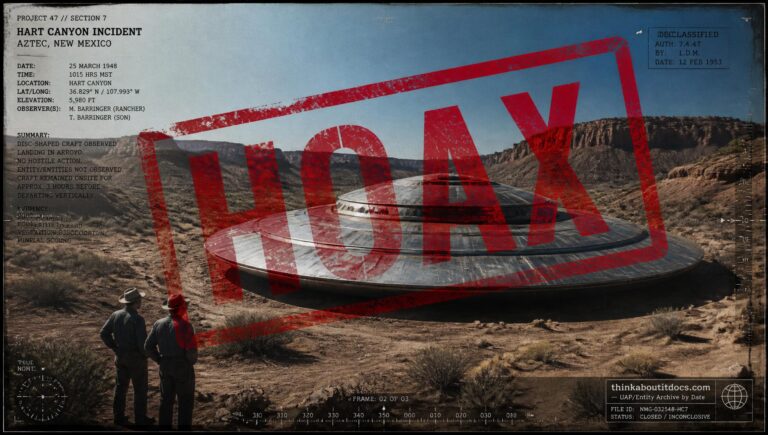 A saucer-shaped craft rests in Hart Canyon near Aztec, New Mexico, overlaid with a large red HOAX stamp