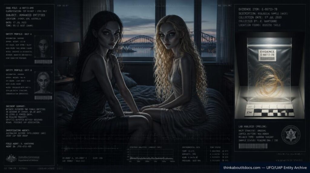 Illustration of the 1992 Peter Khoury case showing two unusual humanoid women in a Sydney bedroom alongside a forensic evidence bag containing hair samples