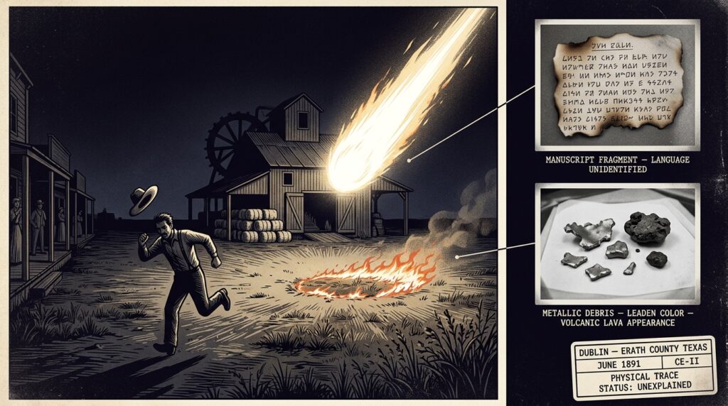 Dossier composite illustration of the June 1891 Dublin Texas UFO crash showing a brilliantly luminous object descending on the gin works at night with a fleeing witness in the foreground and evidence inset panels showing the unidentified language manuscript fragment and metallic debris recovered from the burned site the following morning