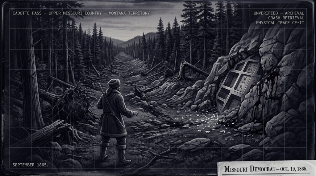 Single-panel intelligence archive illustration showing Rocky Mountain trapper James Lumley standing before a large compartmented object with strange hieroglyphic markings driven deep into a Montana mountain face at dusk in September 1865, surrounded by a mile-wide corridor of uprooted giant trees and glass-like debris, rendered in wet-plate collodion photographic style with tactical HUD overlay and Missouri Democrat newspaper reference