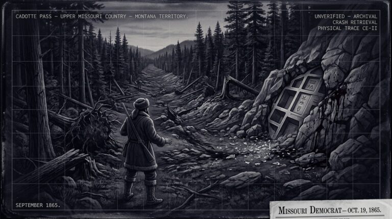 Single-panel intelligence archive illustration showing Rocky Mountain trapper James Lumley standing before a large compartmented object with strange hieroglyphic markings driven deep into a Montana mountain face at dusk in September 1865, surrounded by a mile-wide corridor of uprooted giant trees and glass-like debris, rendered in wet-plate collodion photographic style with tactical HUD overlay and Missouri Democrat newspaper reference