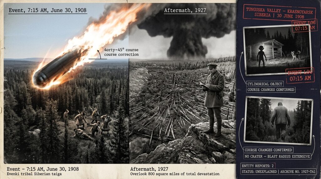 Dossier composite illustration of the 1908 Tunguska explosion showing a cylindrical object making a forty-five degree course correction over Siberian taiga with Evenki witnesses below, Leonid Kulik surveying 800 square miles of flattened forest in 1927, and inset panels showing the dwarf entity captured near the blast zone and the grey giant wandering the taiga for thirty-three years