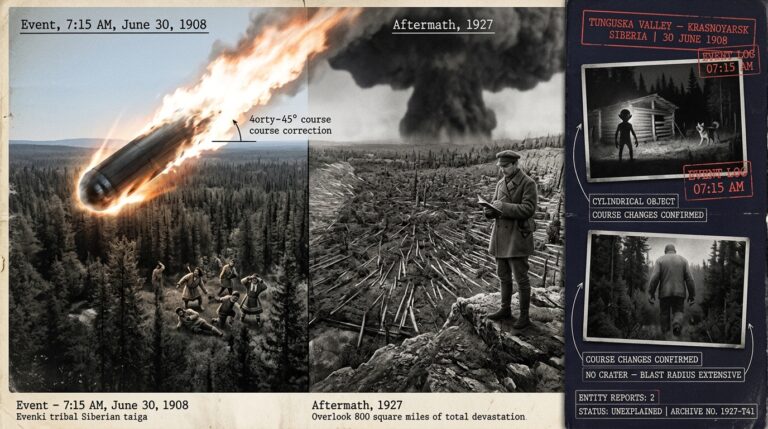 Dossier composite illustration of the 1908 Tunguska explosion showing a cylindrical object making a forty-five degree course correction over Siberian taiga with Evenki witnesses below, Leonid Kulik surveying 800 square miles of flattened forest in 1927, and inset panels showing the dwarf entity captured near the blast zone and the grey giant wandering the taiga for thirty-three years