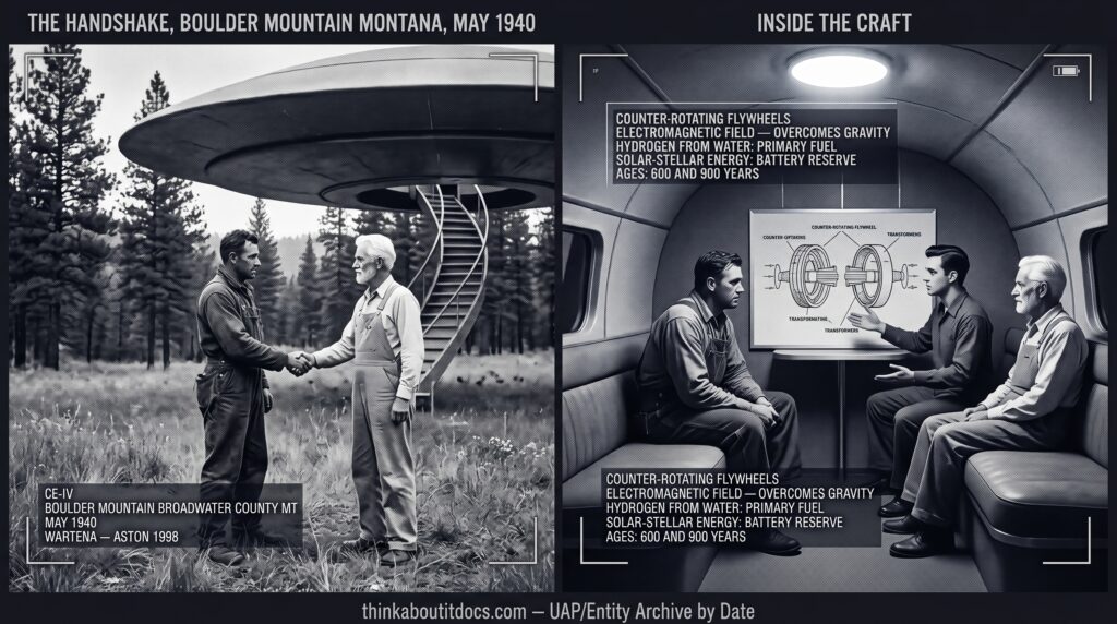 Two-panel 1940 press photography dossier for the Udo Wartena Broadwater County Montana CE-IV: left panel shows a Dutch immigrant miner in work clothes meeting a human-appearing white-haired man in gray overalls at the base of a circular stairway lowered from a massive disc-shaped craft hovering above a Montana mountain meadow; right panel shows the craft's interior entry room where the occupant gestures toward a diagram of counter-rotating flywheel rings explaining the electromagnetic propulsion system to a seated and attentive Udo Wartena as an older white-haired man watches.