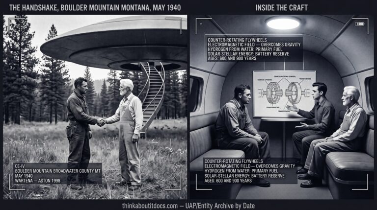 Two-panel 1940 press photography dossier for the Udo Wartena Broadwater County Montana CE-IV: left panel shows a Dutch immigrant miner in work clothes meeting a human-appearing white-haired man in gray overalls at the base of a circular stairway lowered from a massive disc-shaped craft hovering above a Montana mountain meadow; right panel shows the craft's interior entry room where the occupant gestures toward a diagram of counter-rotating flywheel rings explaining the electromagnetic propulsion system to a seated and attentive Udo Wartena as an older white-haired man watches.