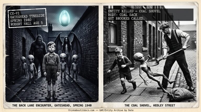 Two-panel 1940 wartime Tyneside press photography dossier: left panel shows five-year-old Robert Hall standing frozen with eyes shut in a narrow Gateshead back lane as a semicircle of mixed entities including grey-skinned 2-to-4-foot humanoids, a Bigfoot-type figure, and a bat-winged shape surround him while soldiers pass unseen on the road beyond and a glowing egg-shaped craft is visible above the lane wall; right panel shows Uncle Ernie having just struck a grey alien with a long-handled coal shovel on the Hedley Street pavement as the large-headed grey falls backward and Robert Hall has stumbled on the kerb nearby with a coal sack on the ground.