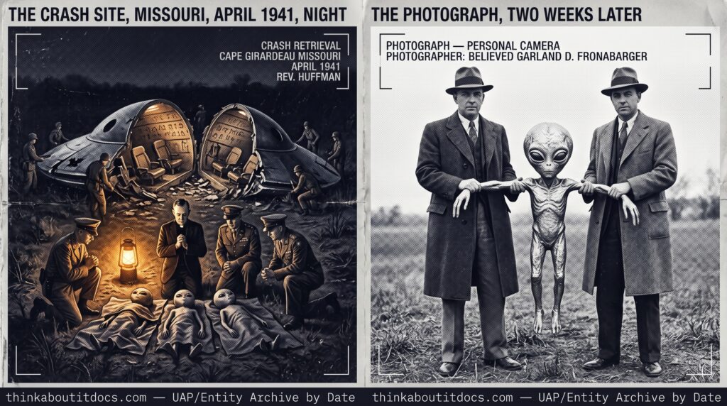 Two-panel 1941 WWII-era press photography dossier for the Cape Girardeau Missouri crash retrieval: left panel shows Reverend William Huffman in minister's clothing kneeling in prayer beside a small non-human form in a rural Missouri field at night as military personnel move through the broken disc-shaped craft wreckage illuminated by amber lanterns; right panel recreates the lost Fronabarger photograph showing two civilian men in 1941 American dress holding a small non-human body between them with its impossibly long arms stretched completely across both men as documented in Charlette Mann's 1999 memory drawing.