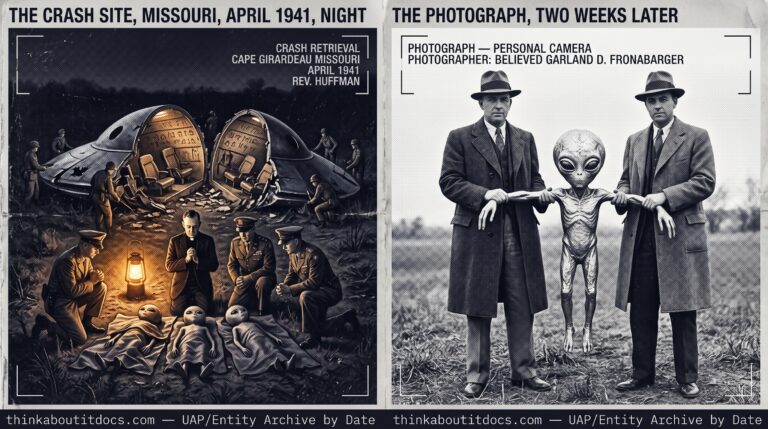 Two-panel 1941 WWII-era press photography dossier for the Cape Girardeau Missouri crash retrieval: left panel shows Reverend William Huffman in minister's clothing kneeling in prayer beside a small non-human form in a rural Missouri field at night as military personnel move through the broken disc-shaped craft wreckage illuminated by amber lanterns; right panel recreates the lost Fronabarger photograph showing two civilian men in 1941 American dress holding a small non-human body between them with its impossibly long arms stretched completely across both men as documented in Charlette Mann's 1999 memory drawing.
