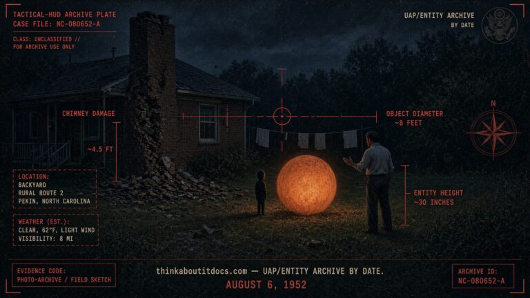 Archival-style illustration of the 1952 West Lumberton, North Carolina UFO case, showing a small humanoid beside an orange ball-shaped object near a damaged chimney