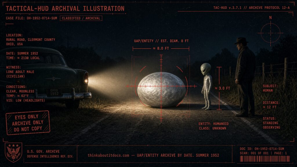 Archival-style illustration of the 1952 Windham, Ohio UFO encounter, showing a small green-complexioned humanoid being named Tamarak beside a landed egg-shaped craft
