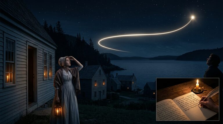 Schoolteacher Cynthia Everett standing outside her Camden Maine home at night on July 22 1808 watching a single brilliant white light cross the dark sky in a controlled pattern of darting speed lowering toward the ground ascending and descending variations and horizon transit — with a companion also watching and her open diary visible in the foreground — as preserved in the Everett family diary transcribed by historian Dr Judith Ranlett in 1978