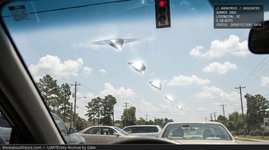 Dossier-style illustration of five silver vehicle-like objects descending in sequence from a luminous slit in the sky over a suburban intersection in Lexington, South Carolina, summer 2001, viewed through a car windshield at a red light.