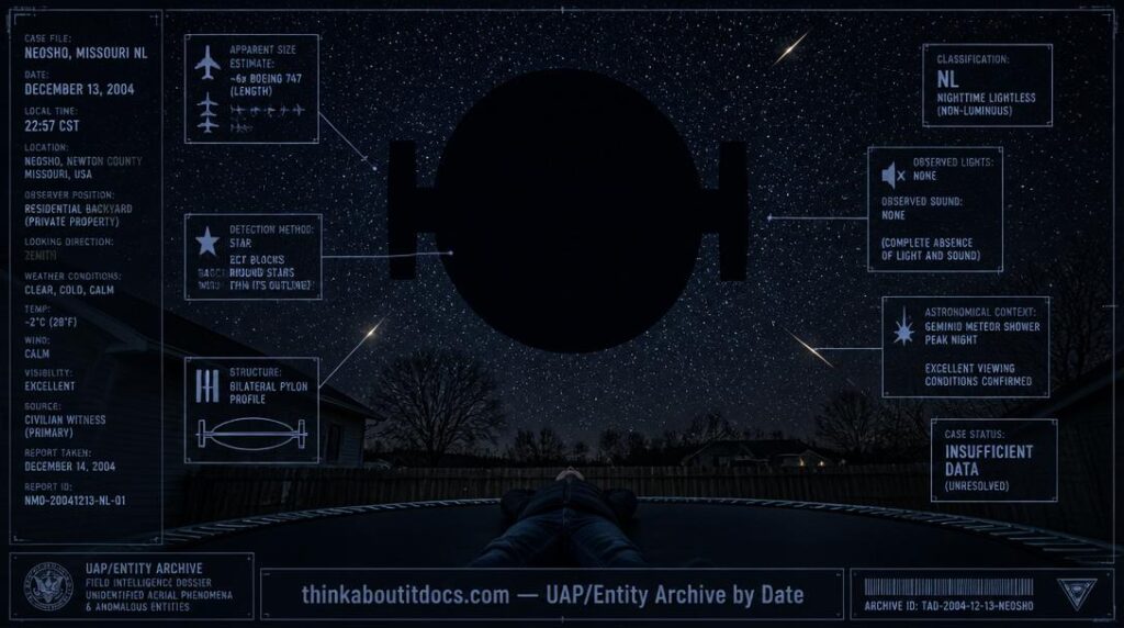 Intelligence dossier image for the December 13 2004 Neosho Missouri NL showing a massive dark oval silhouette with bilateral pylons blocking out a swath of starfield overhead as seen from a backyard with Geminid meteor streaks visible in the surrounding clear night sky