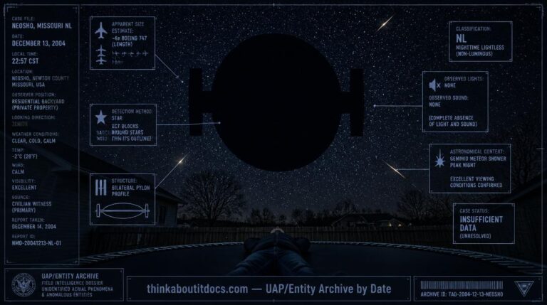 Intelligence dossier image for the December 13 2004 Neosho Missouri NL showing a massive dark oval silhouette with bilateral pylons blocking out a swath of starfield overhead as seen from a backyard with Geminid meteor streaks visible in the surrounding clear night sky