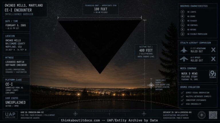 Intelligence dossier image for the February 9 2005 Owings Mills Maryland CE-I showing a massive flat black equilateral triangle silhouette blocking the starfield directly overhead as viewed from a backyard trampoline with faint cloud layer illuminated by suburban valley lights revealing the craft outline
