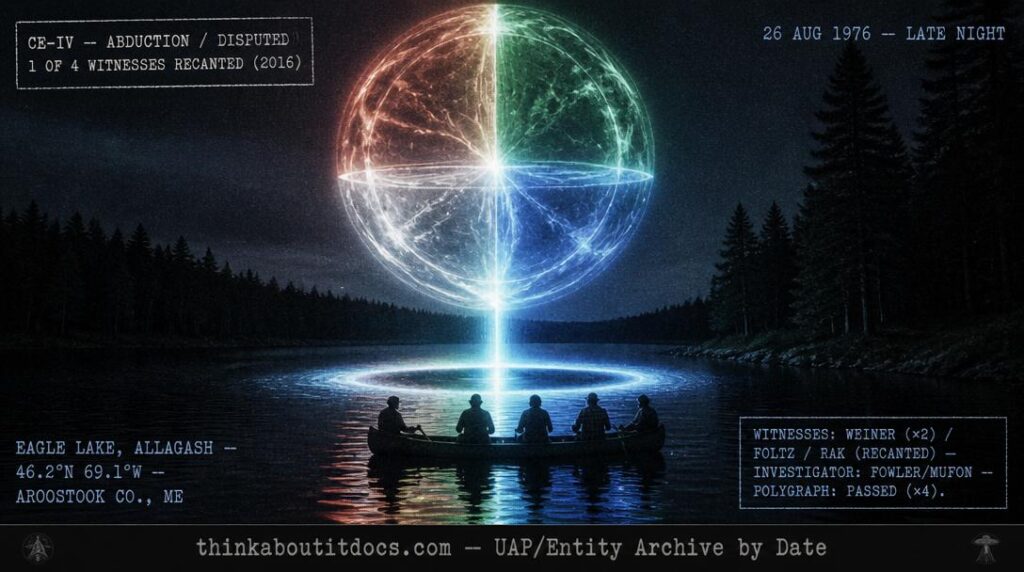 Dossier-style reconstruction of the August 26, 1976 Allagash Abductions showing a four-person canoe on a dark wilderness lake with an enormous multicolored luminous sphere emitting a hollow tube-shaped beam of light onto the water surface creating a glowing ring with dark center, surrounded by dark Maine treeline, with HUD stamps noting the disputed CE-IV classification and the 2016 recantation by one of four witnesses