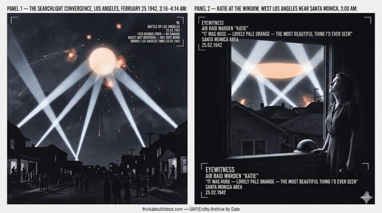 Two-panel 1942 WWII wartime press photography dossier for the Battle of Los Angeles: left panel shows a blacked-out Los Angeles cityscape from street level with eight to twelve Army searchlight beams converging on a large pale orange luminous form in the night sky surrounded by cherry-orange anti-aircraft shell detonations while tiny civilian silhouettes watch from below; right panel shows Air Raid Warden Katie standing at her apartment window in darkness her face lit by searchlight glow as she watches an enormous pale orange object visible above the rooftops through the window frame with anti-aircraft detonations visible beyond the roofline.