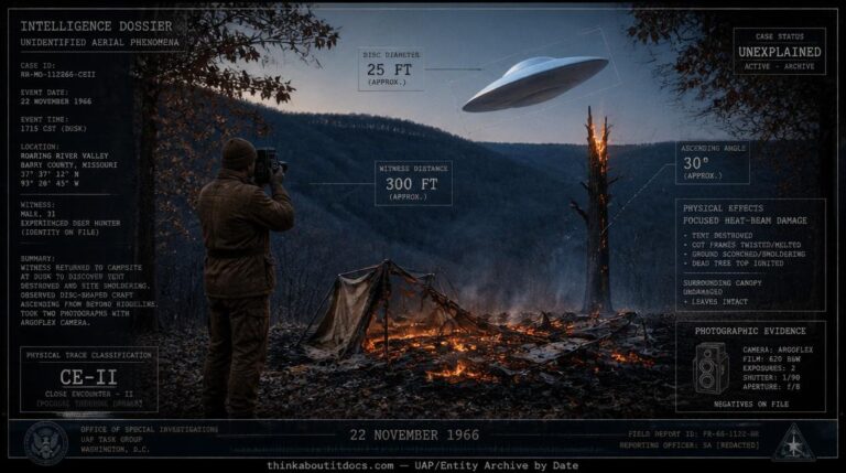 Intelligence dossier image for the November 22 1966 Roaring River Missouri CE-II showing a deer hunter raising an Argoflex camera toward a rising aluminum disc above a destroyed campsite with melted cots and burning deadwood while dried winter leaves on flanking trees remain untouched