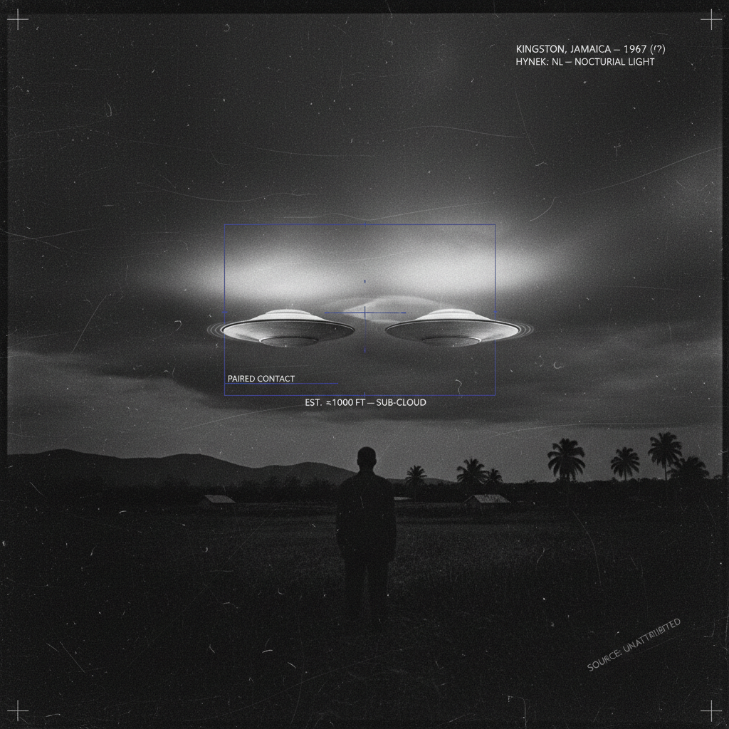 Single panel intelligence dossier image for the 1947 Kingston Jamaica UFO sighting showing two cold silver disc-shaped objects hovering side by side beneath a low night cloud deck over the rural outskirts of Kingston, each disc showing a slight rim wobble and a faint offset after-image suggesting instantaneous displacement, with a silhouetted observer looking up from the dark foreground and indigo HUD overlays marking the paired contact, sub-1000-foot altitude estimate, NL nocturnal light classification, and an unattributed source stamp