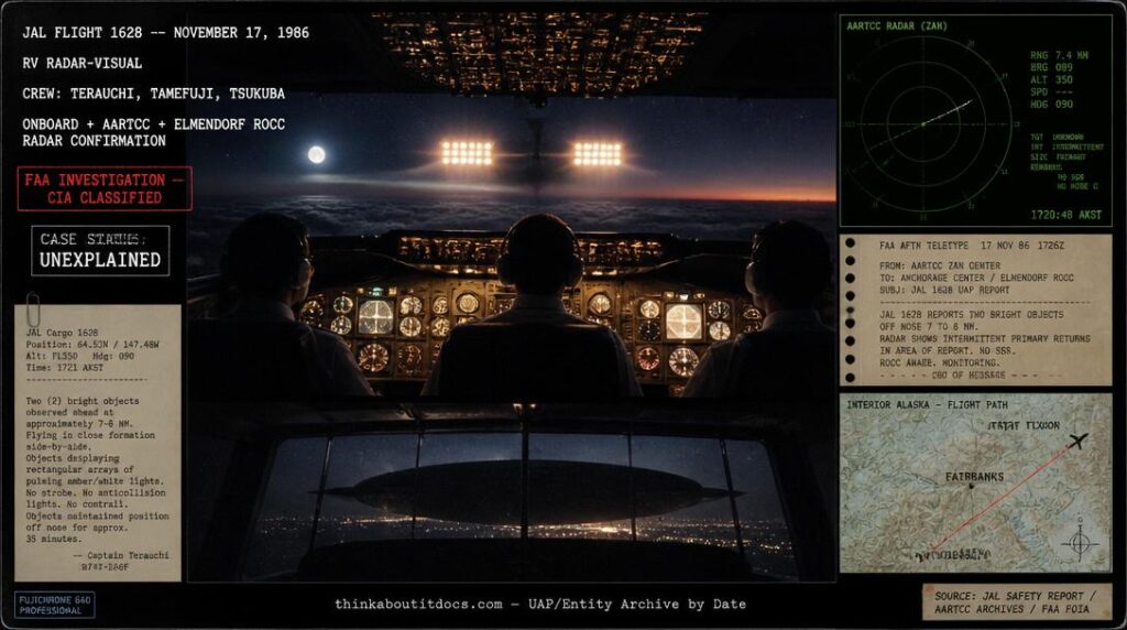 Intelligence dossier illustration of the November 17 1986 JAL Flight 1628 encounter showing the Boeing 747 cockpit view with two unidentified craft displaying pulsating amber light arrays directly ahead and the silhouette of a massive walnut-shaped object in the background over Fairbanks with onboard radar inset and HUD overlay marking the case as RV Radar-Visual Unexplained